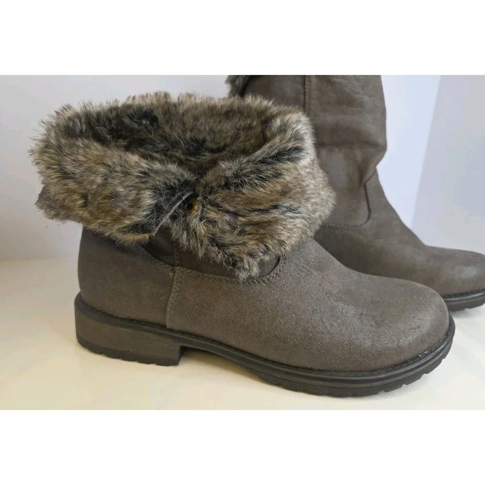 Candie's Cahoot Gray Boots Brown Faux Rabbit Fur Lined Fold Down Cuff Snaps 9.5